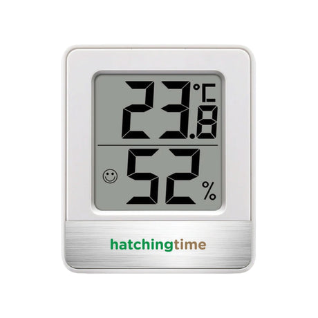 Hatching Time ThermoHatch digital thermometer hygrometer displaying temperature, humidity, and a comfort icon