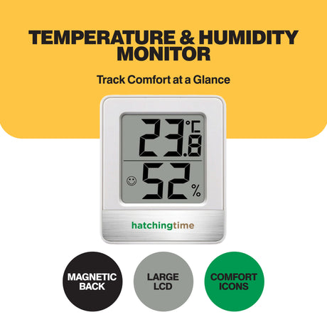 ThermoHatch indoor temperature and humidity monitor highlighting its magnetic back, large LCD, and comfort icons