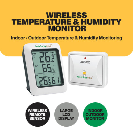 ThermoHatch indoor outdoor temperature and humidity monitor with large LCD and wireless remote sensor