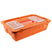 Orange quail and pigeon transport coop featuring durable ventilated plastic body and secure double doors for easy handling.