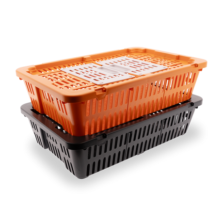 Two stacked plastic baskets, one orange and one black, on a white background.
