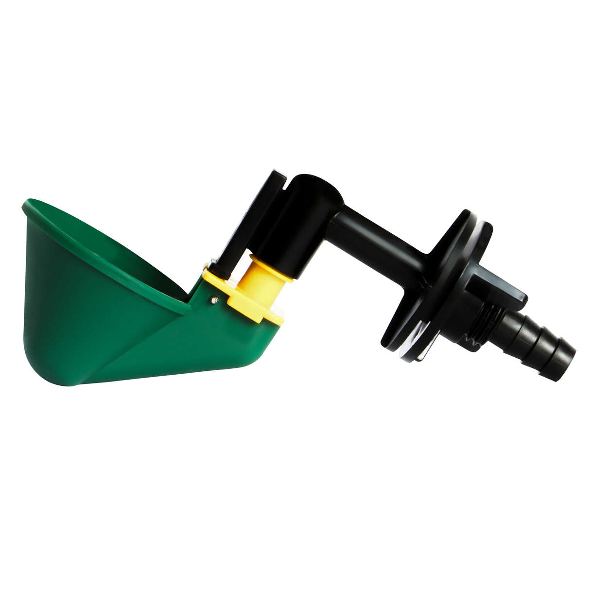 Angled side view of auto-fill poultry drinker cup with float valve and yellow trigger paddle for chicken watering system