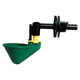 Side view of auto-fill poultry drinker cup with float valve and elbow extension for chicken cage installation