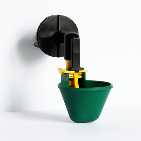 Auto-fill poultry drinker cup with float valve and trigger paddle mounted for chickens and quail hydration system