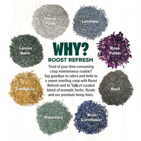 Hatching Time Eaton. Roost refresh infographic showing ingredients for roost refresh. Contains Hemp fines, lavender, lemon balm, rose petal, basil, blue cornflower, rosemary, and calendula.