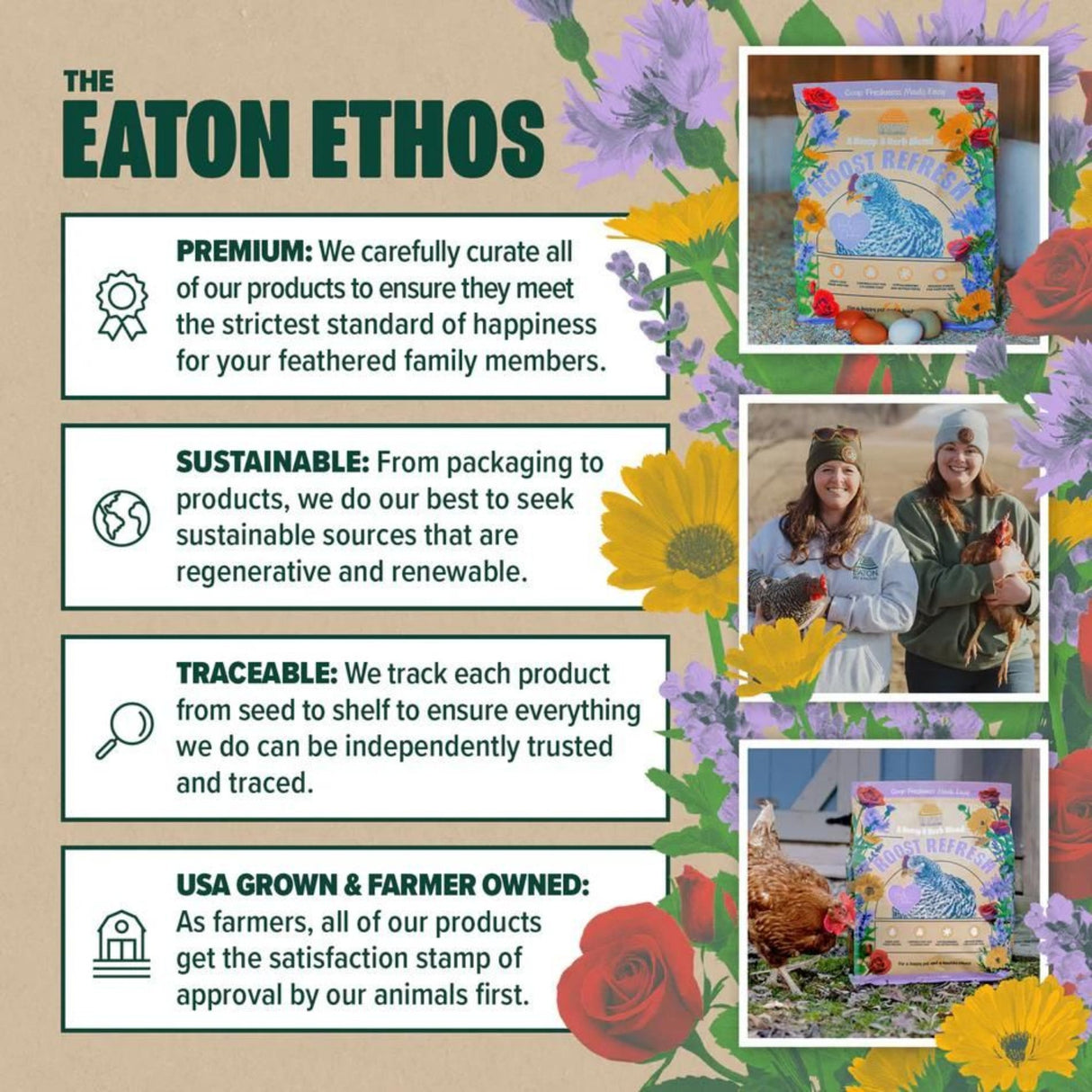 Hatching Time Eaton. Ethos statement showing premium, sustainable, traceable and USA grown and farmer owned products.