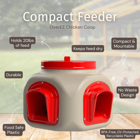 Hatching Time OverEZ. Compact feeder can be seen in image with features listed. No waste design, durable, holds 20 lbs of feed.