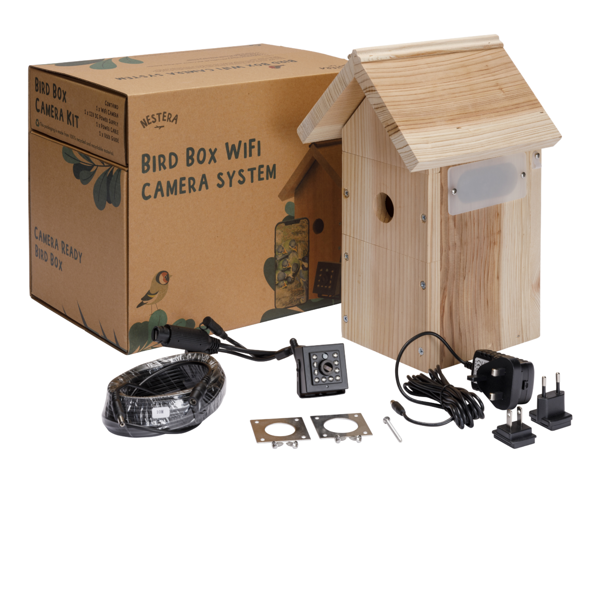 Hatching Time Nestera. Bird Box wifi camera system box can be seen with cables, camera, bird house, cords and mounting hardware in photo.