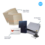 All weather tarp, easy clean litter trays, dual charge solar panel set