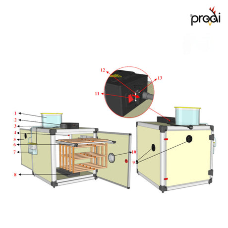 Hatching Time Prodi. 3d rendering of Queen bee incubator. Incubator can be seen with doors open and closed. Parts are numbered to show difference.