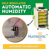 Hatching Time Cimuka. Infographic shows an open CT120 egg incubator with 4 full setting trays of brown chicken eggs. Digital control and water reservoir can be seen on top of tank connected to Humisonic Humidifier. Image text reads Self-regulated Automatic humidity. Humisonic Patented technology. A close up image of Humisonic humidifier can be seen in circular frame.
