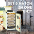 Hatching Time Cimuka CT120 Incubator. Image shows Incubator on left side with door open and 4 hatching baskets inside. Digital control can be seen on top of incubator in front of water reservoir connected to side mounted Humisonic Humidifier. Text on image reads Set & Hatch in one unit. Background is of a chicken coop with roaming chickens.