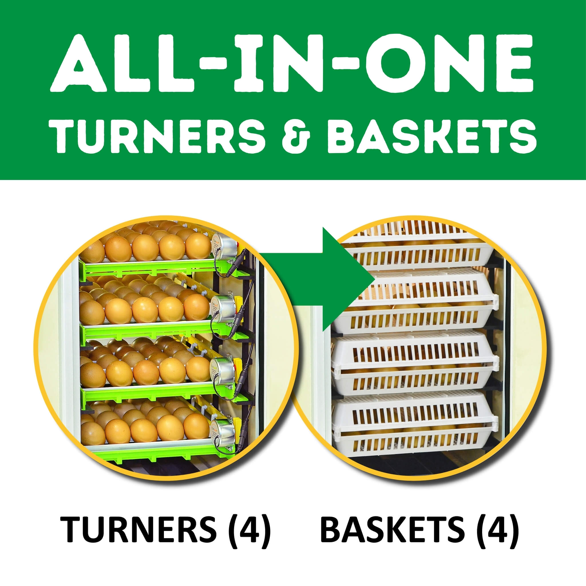 Hatching Time Cimuka. Infographic showing the All-in-one turners and baskets for the CT120 egg incubator. Image shows that incubator can hold up to 4 turners and 4 baskets.