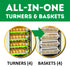 Hatching Time Cimuka. Infographic showing the All-in-one turners and baskets for the CT120 egg incubator. Image shows that incubator can hold up to 4 turners and 4 baskets.