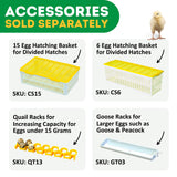 Hatching Time Cimuka CT Series incubators. Infographic shows 4 images of hatching baskets and racks. Text reads Accessories sold separately. Top left image shows 15 egg hatching basket for divided hatches. SKUCS15. Top right image shows 6 egg hatching basket for divided hatches CS6. Bottom left image shows Quail racks to increase capacity for eggs under 15 grams SKU QT13. Bottom right image shows Goose racks for larger eggs like Goose and Peacock SKU GT03.