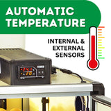 Hatching Time Cimuka CT180 Infographic showing top of open incubator showing digital control. Info graphic reads Automatic temperature. Internal and external sensors.