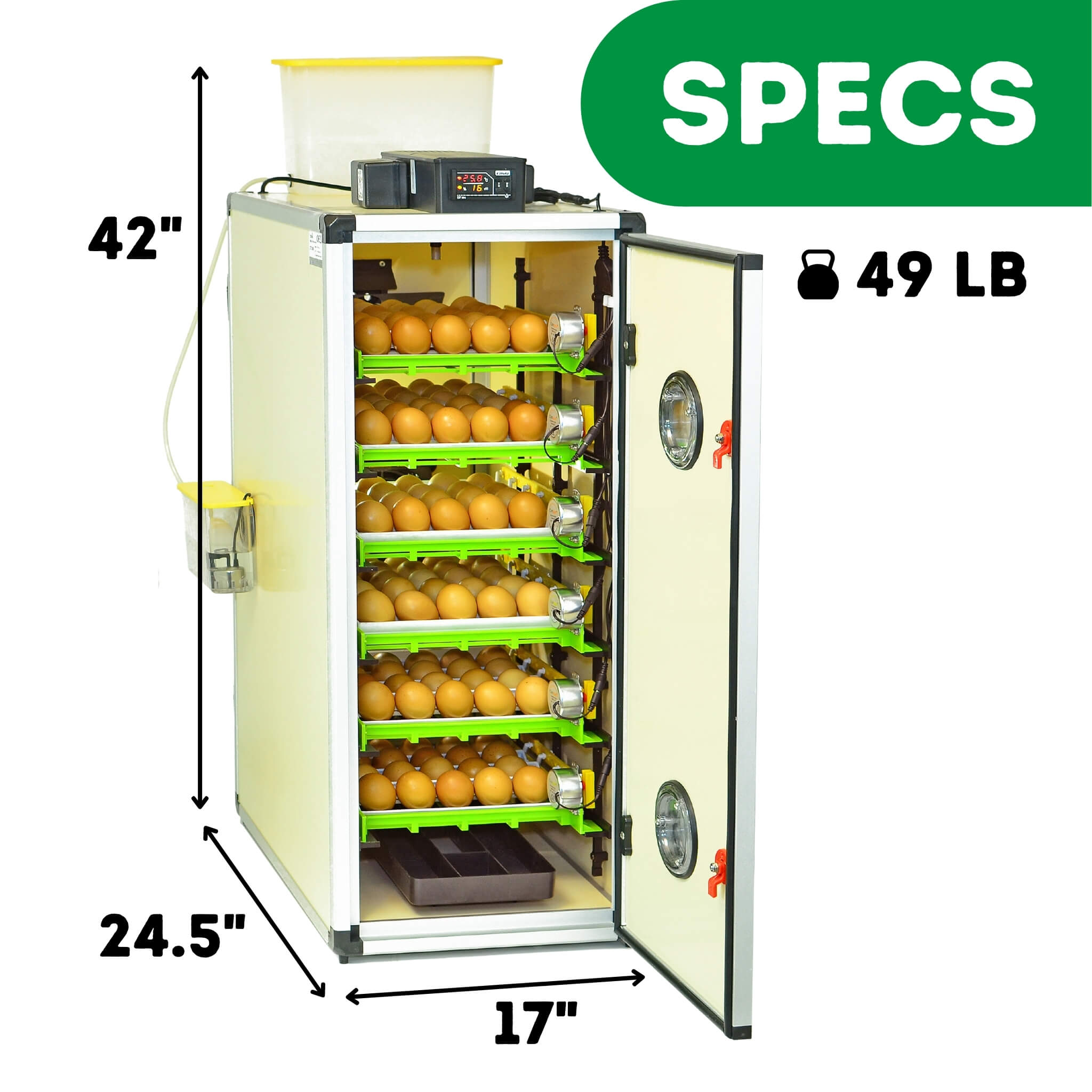 Hatching Time Cimuka CT180 Incubator. Infographic showing specifications of incubator. CT180 can be seen in image measuring 42 inches tall, 24.5 inches deep and 17 inches wide and weighing 49 pounds. Incubator is open, showing 6 egg setting trays full of brown chicken eggs, digital control can be seen on top of the incubator in front of water reservoir tank that is connected to Humisonic Humidifier.