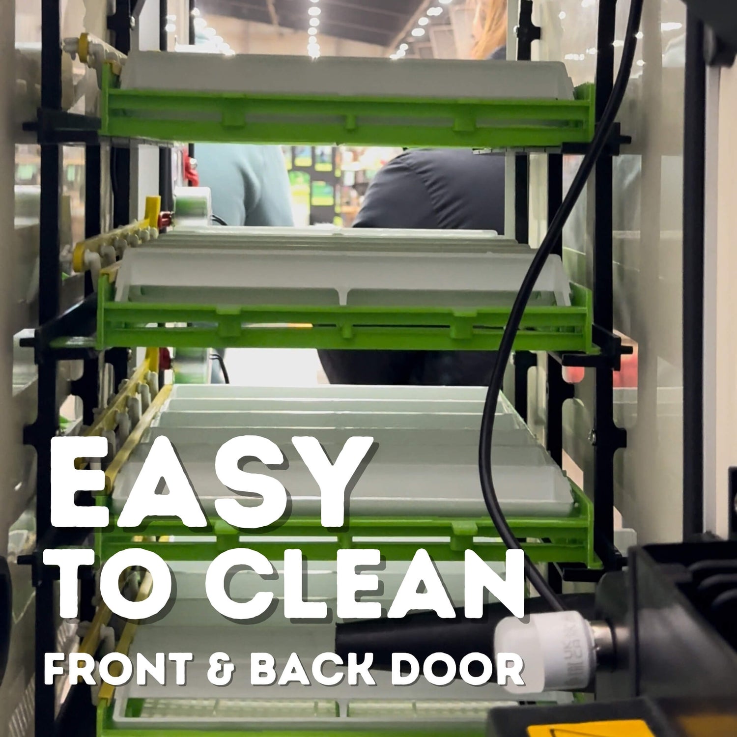 Hatching Time Cimuka CT180 Incubator shows open incubator interior with visible egg setter trays. Both doors are open to show the ease of access of the incubator.