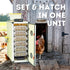 Hatching Time Cimuka CT180 Incubator. Image shows Incubator on left side with door open and 6 hatching baskets inside. Digital control can be seen on top of incubator in front of water reservoir connected to side mounted Humisonic Humidifier. Text on image reads Set & Hatch in one unit. Background is of a chicken coop with roaming chickens.