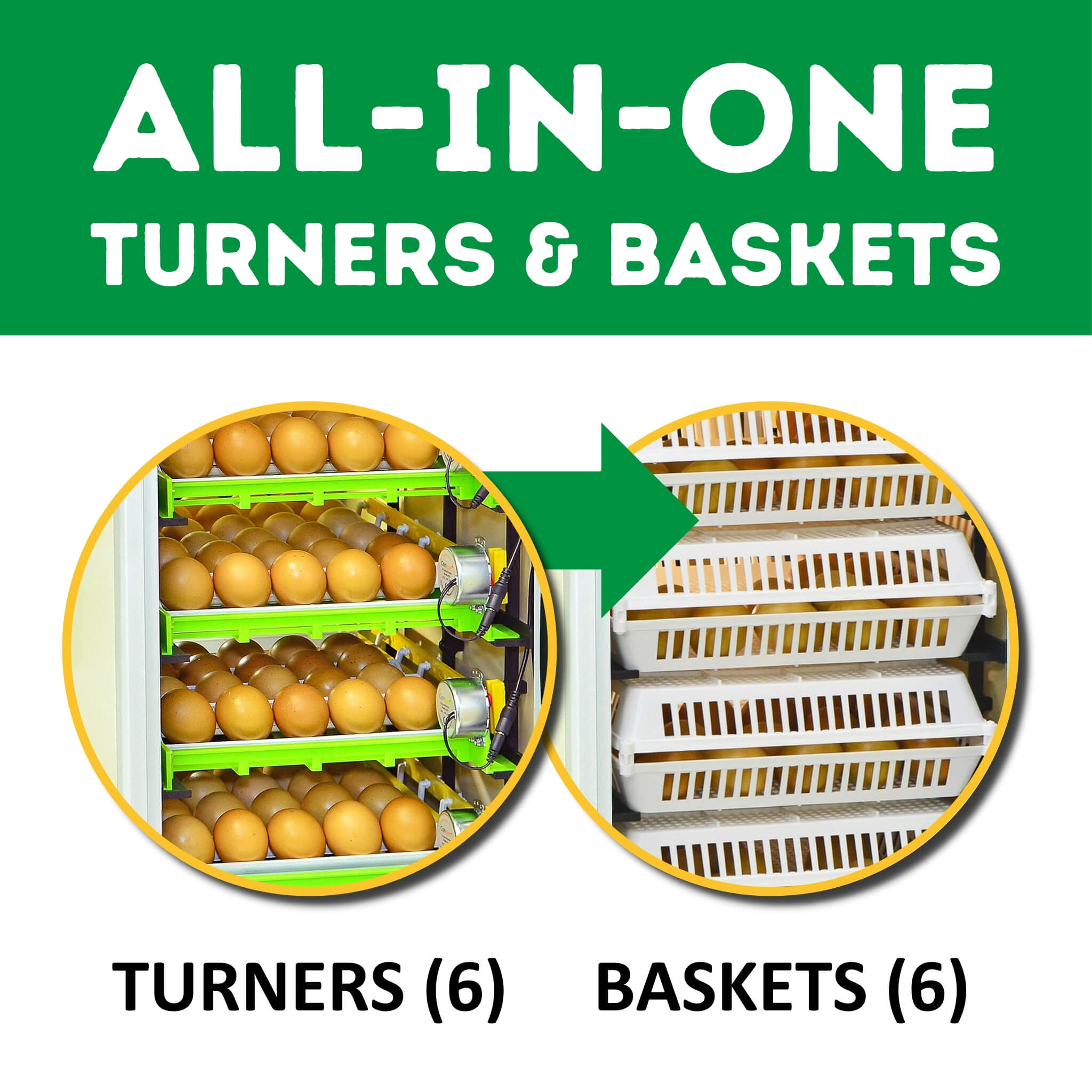 Hatching Time Cimuka CT180. Infographic showing the All-in-one turners and baskets for the CT180 egg incubator. Image shows that incubator can hold up to 6 turners and 6 baskets.