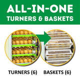 Hatching Time Cimuka CT180. Infographic showing the All-in-one turners and baskets for the CT180 egg incubator. Image shows that incubator can hold up to 6 turners and 6 baskets.