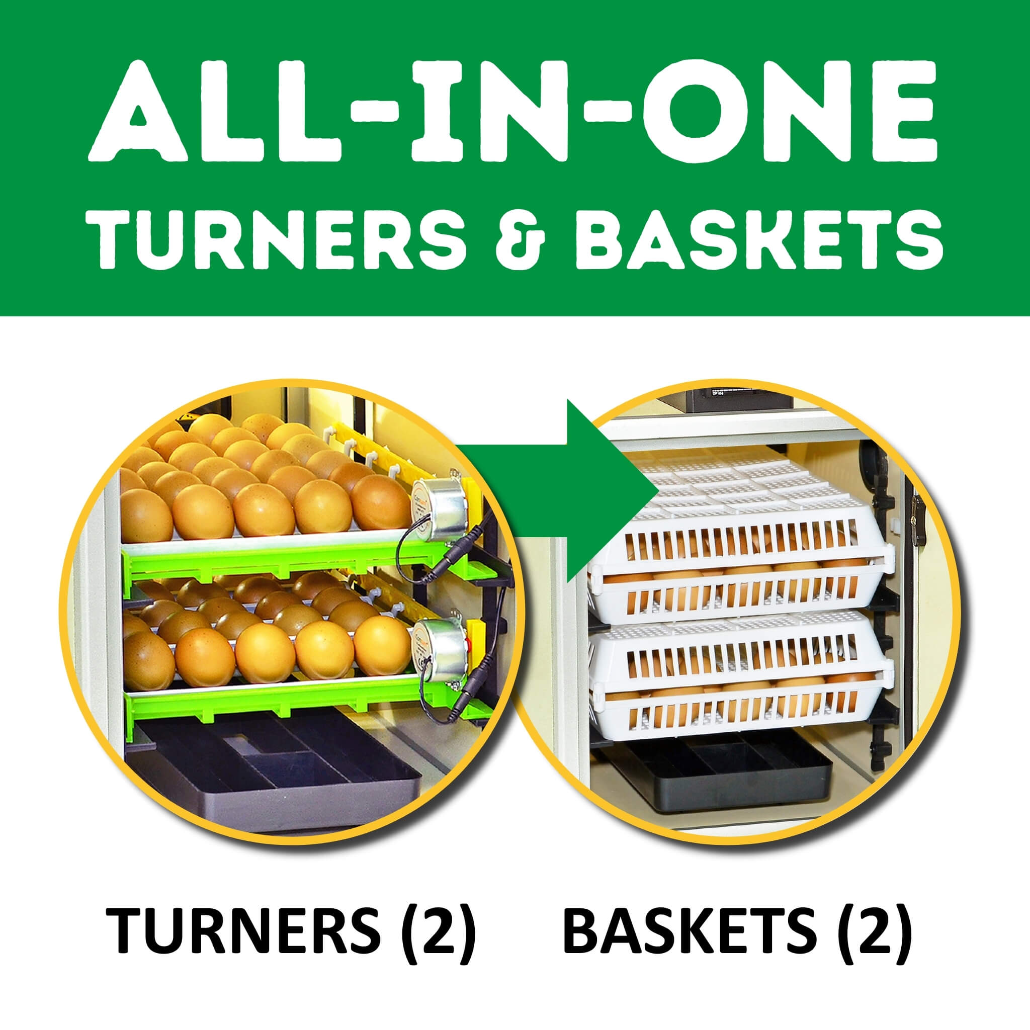 A graphic showing how to convert eggs from setter tray to baskets in Cimuka CT60SH egg incubator by Hatching Time
