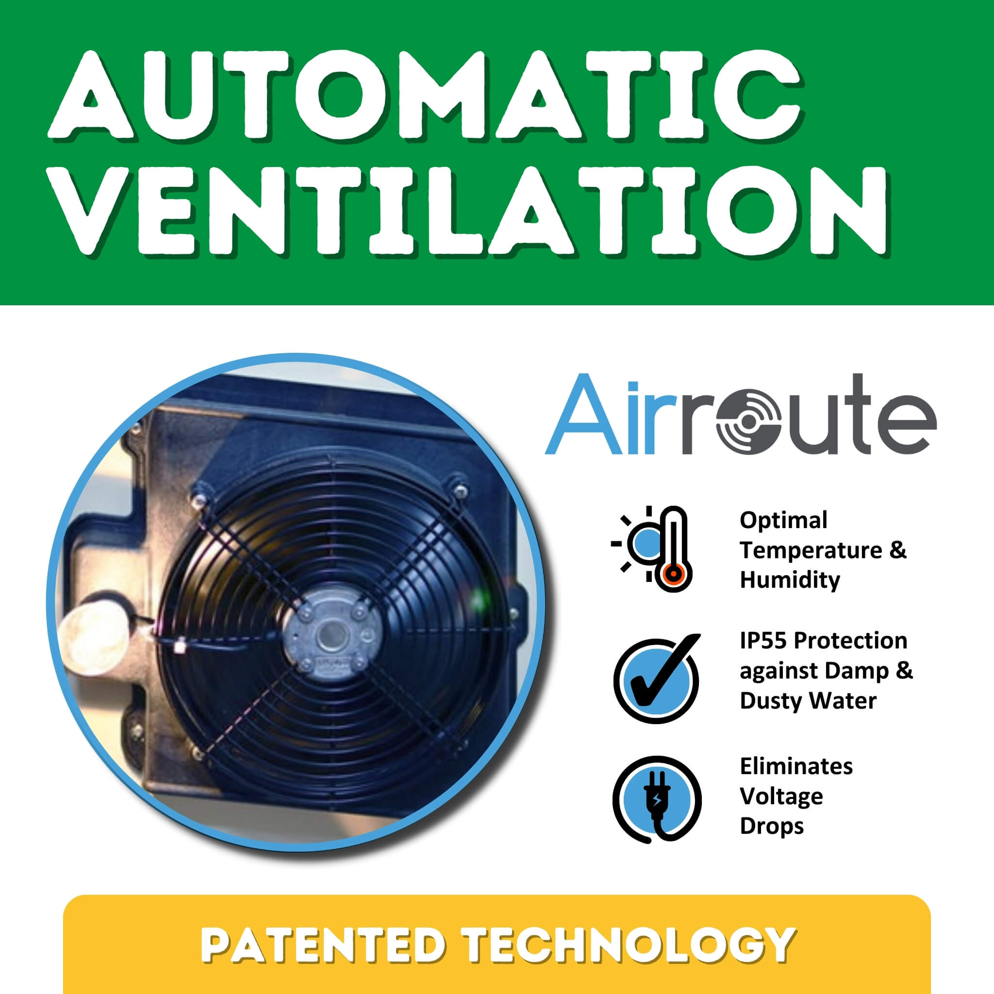Hatching Time Cimuka. Infographic showing built-in automatic ventilation. Patented Airroute technology is listed as providing protection against voltage drops, dirty water and helps maintain optimal temperature and humidity for successful poultry hatching.