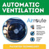 Hatching Time Cimuka. Infographic showing built-in automatic ventilation. Patented Airroute technology is listed as providing protection against voltage drops, dirty water and helps maintain optimal temperature and humidity for successful poultry hatching.