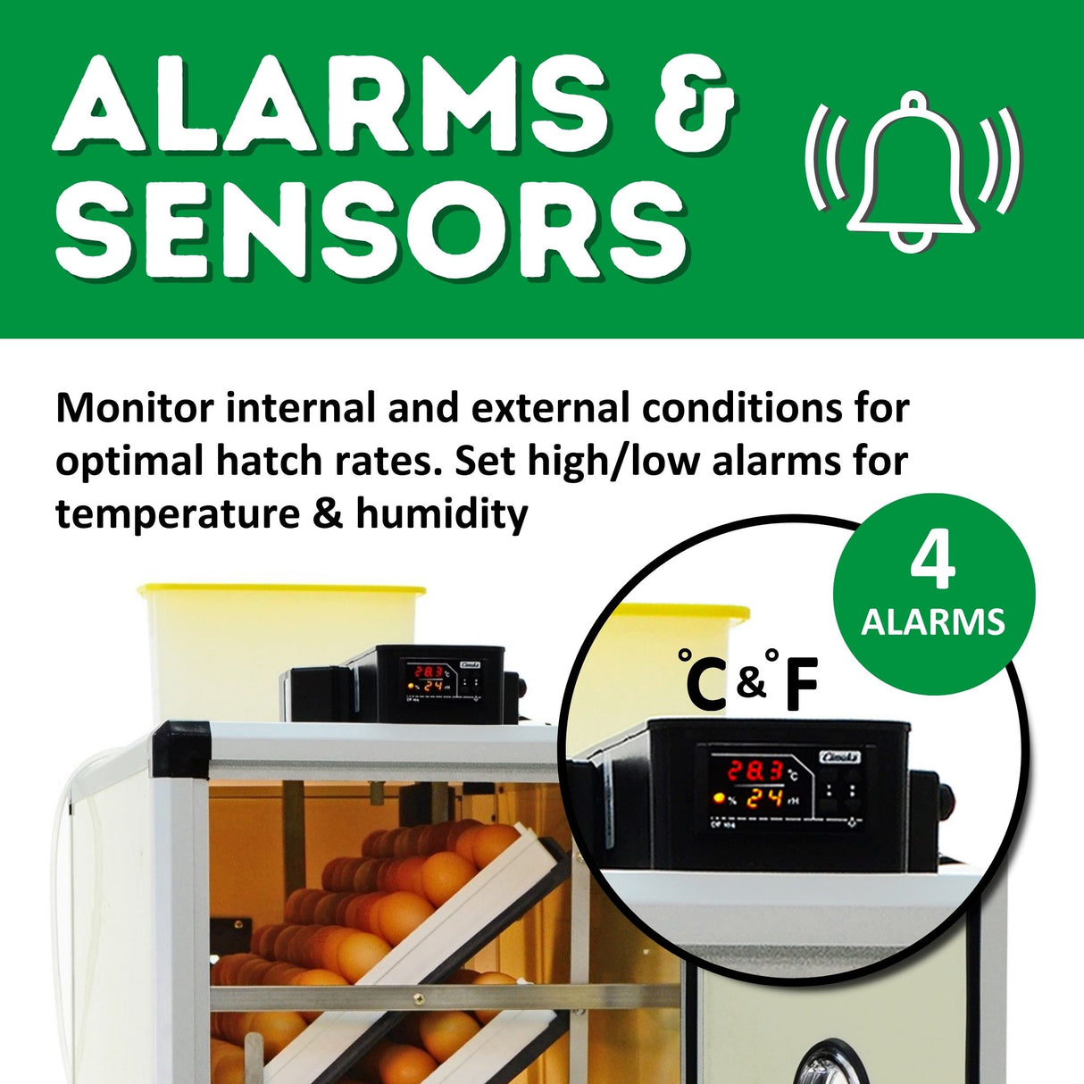 Hatching Time Cimuka. Image shows a focus on digital controls that have alarms and sensors for temperature and humidity.
