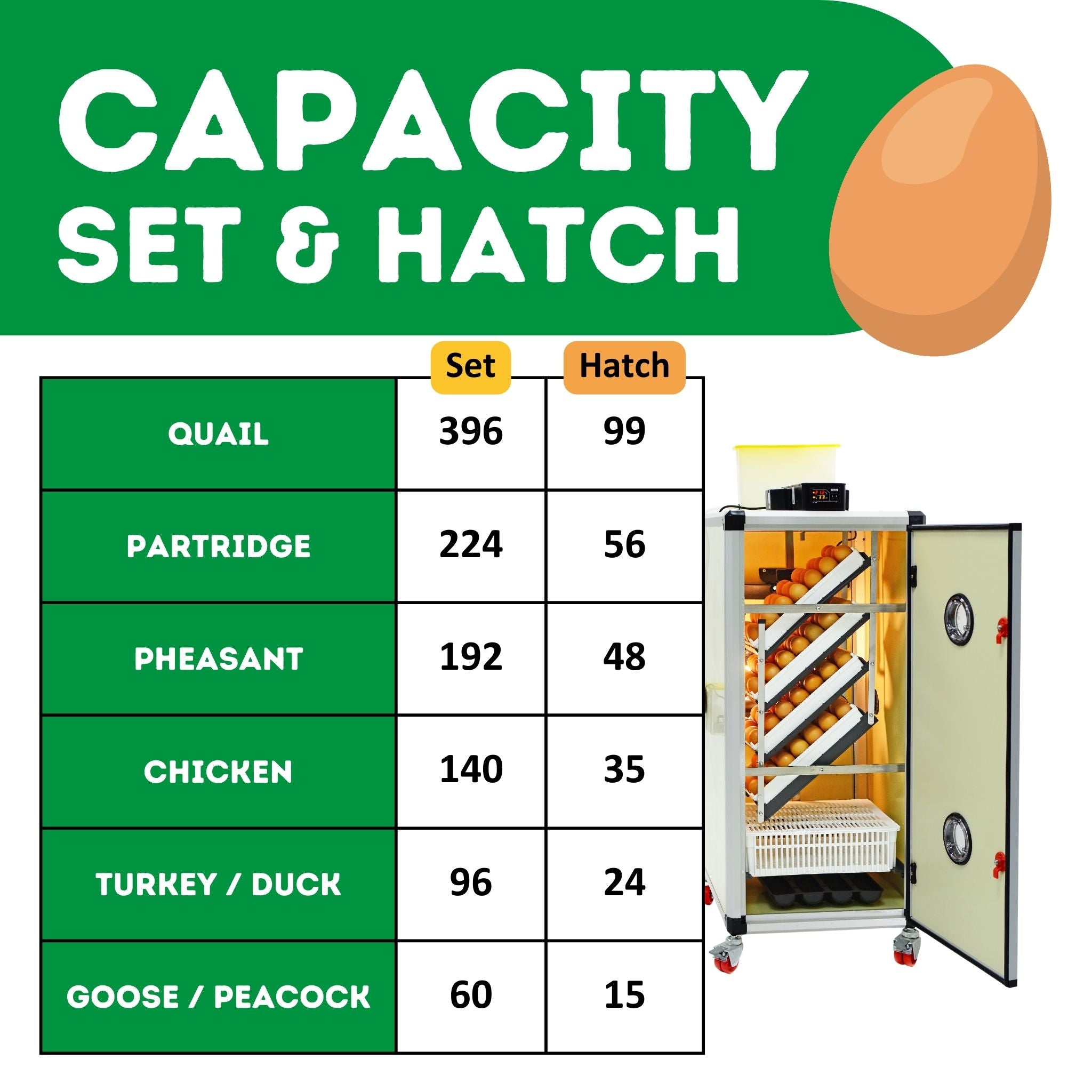 Hatching Time Cimuka. Image shows the amounts of each poultry egg that can fit into incubator with correct tray configuration.