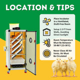 Hatching Time Cimuka. Image shows tips for where to keep incubator. Draft-free room at least 1.5 ft away from walls with a room temp between 59 and 86 degrees Fahrenheit. Image shows incubator and chicks.