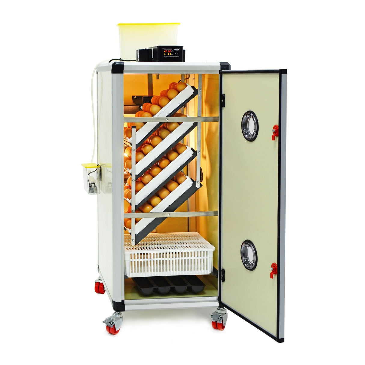 Hatching Time Cimuka. Image shows an open HB incubator with Setter trays and Hatching basket inside. Digital controls can be seen on top in front of water reservoir for Humisonic Humidifier.