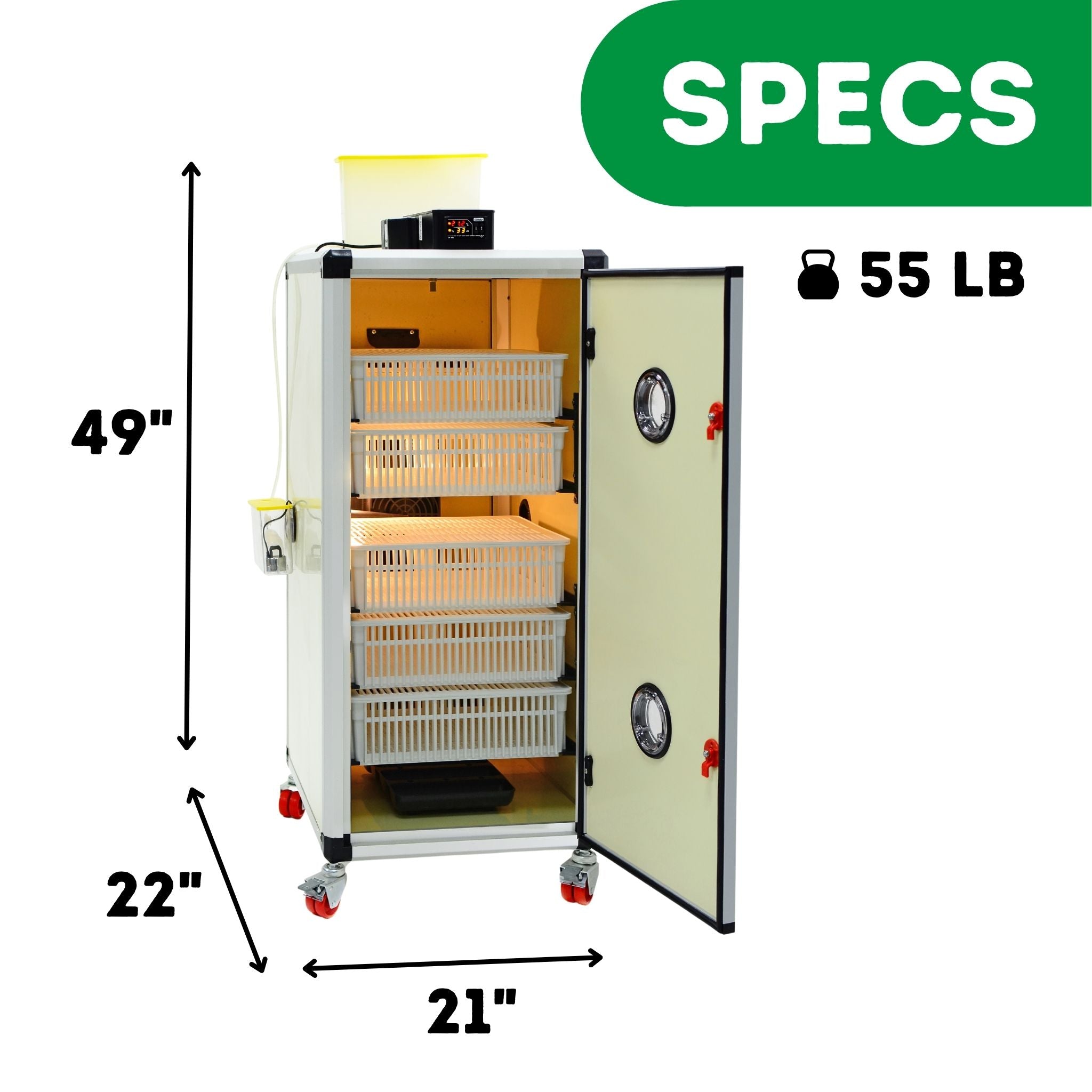 Hatching Time Cimuka. Image shows height, length and depth of incubator as well as weight. 49 inches tall, 22 inches deep, 21 inches wide and 55 pounds.