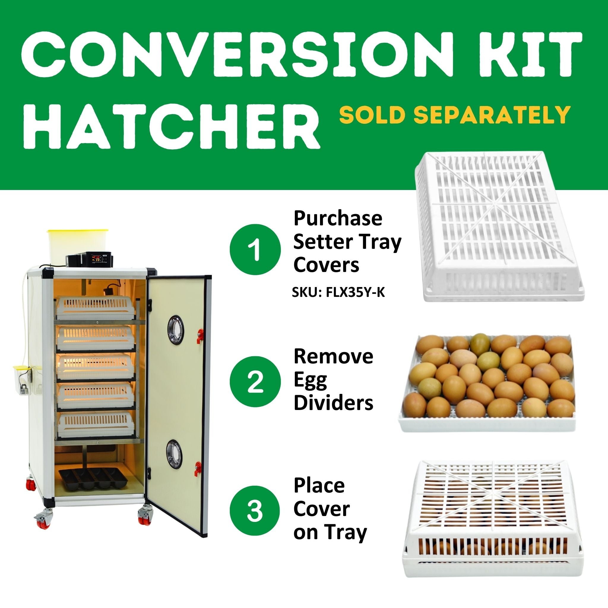Hatching Time Cimuka. Image shows steps to apply a conversion kit for Hatcher  assembly.