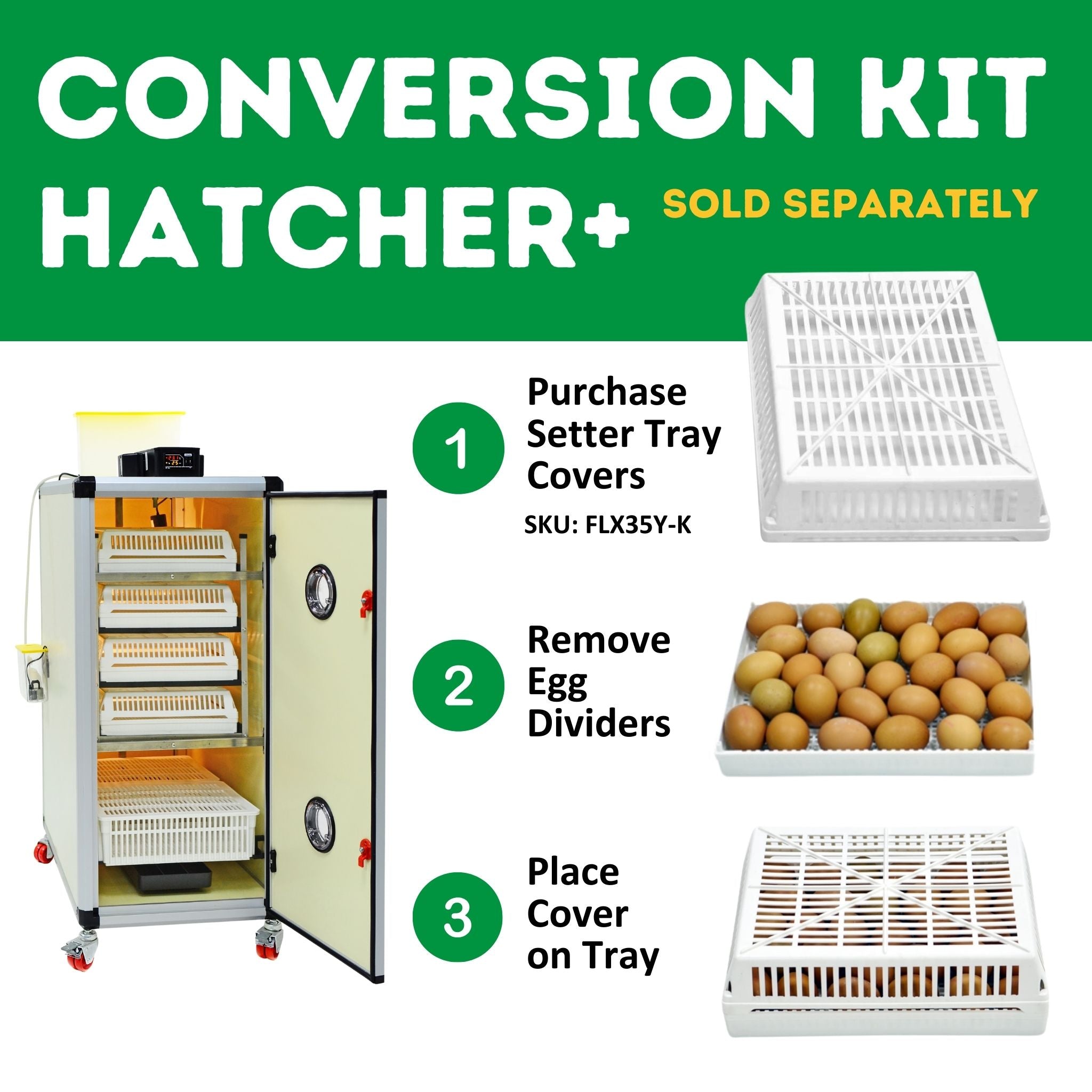 Hatching Time Cimuka. Image shows steps to apply a conversion kit for Hatcher plus assembly.