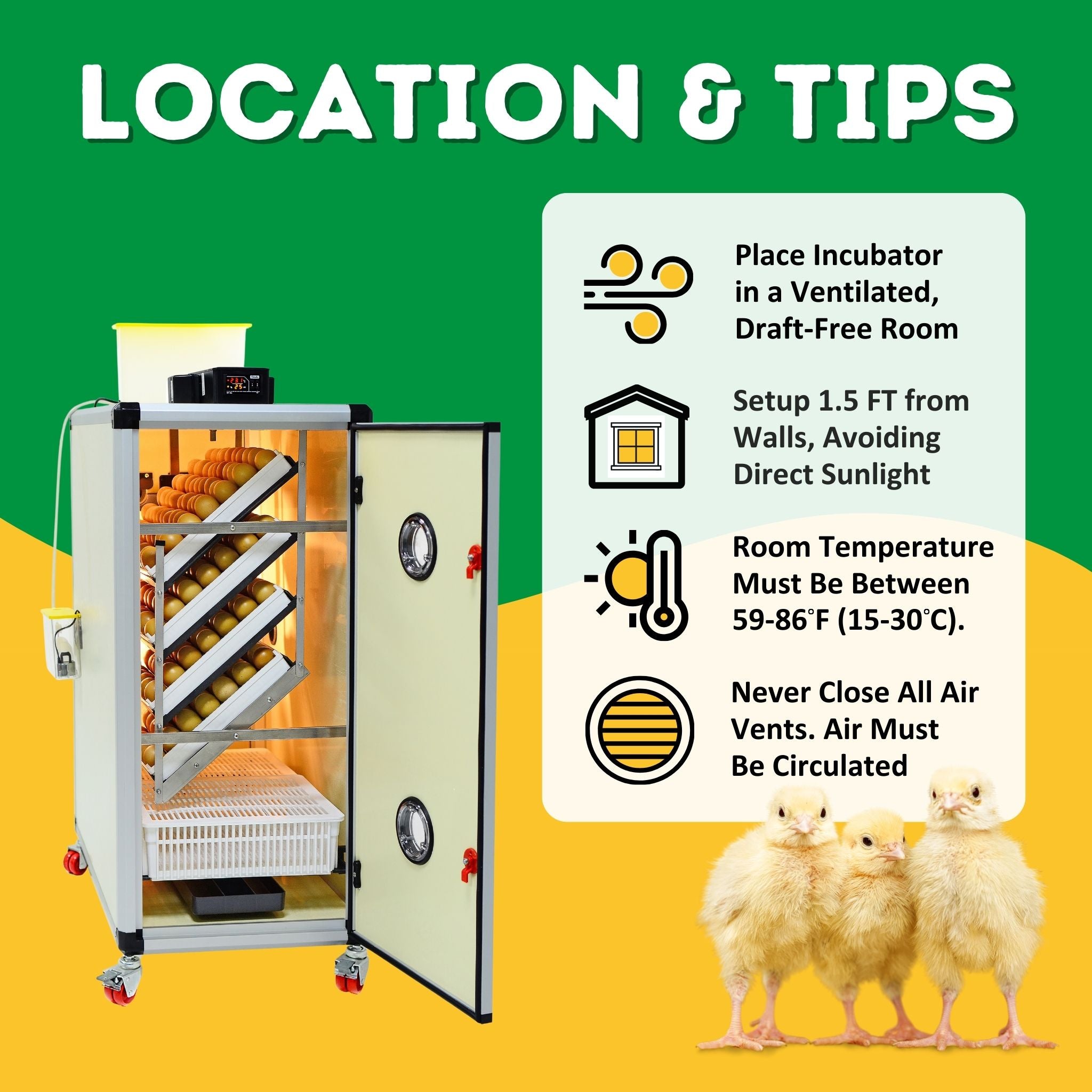 Hatching Time Cimuka. Image shows tips for where to keep incubator. Draft-free room at least 1.5 ft away from walls with a room temp between 59 and 86 degrees Fahrenheit. Image shows incubator and chicks.