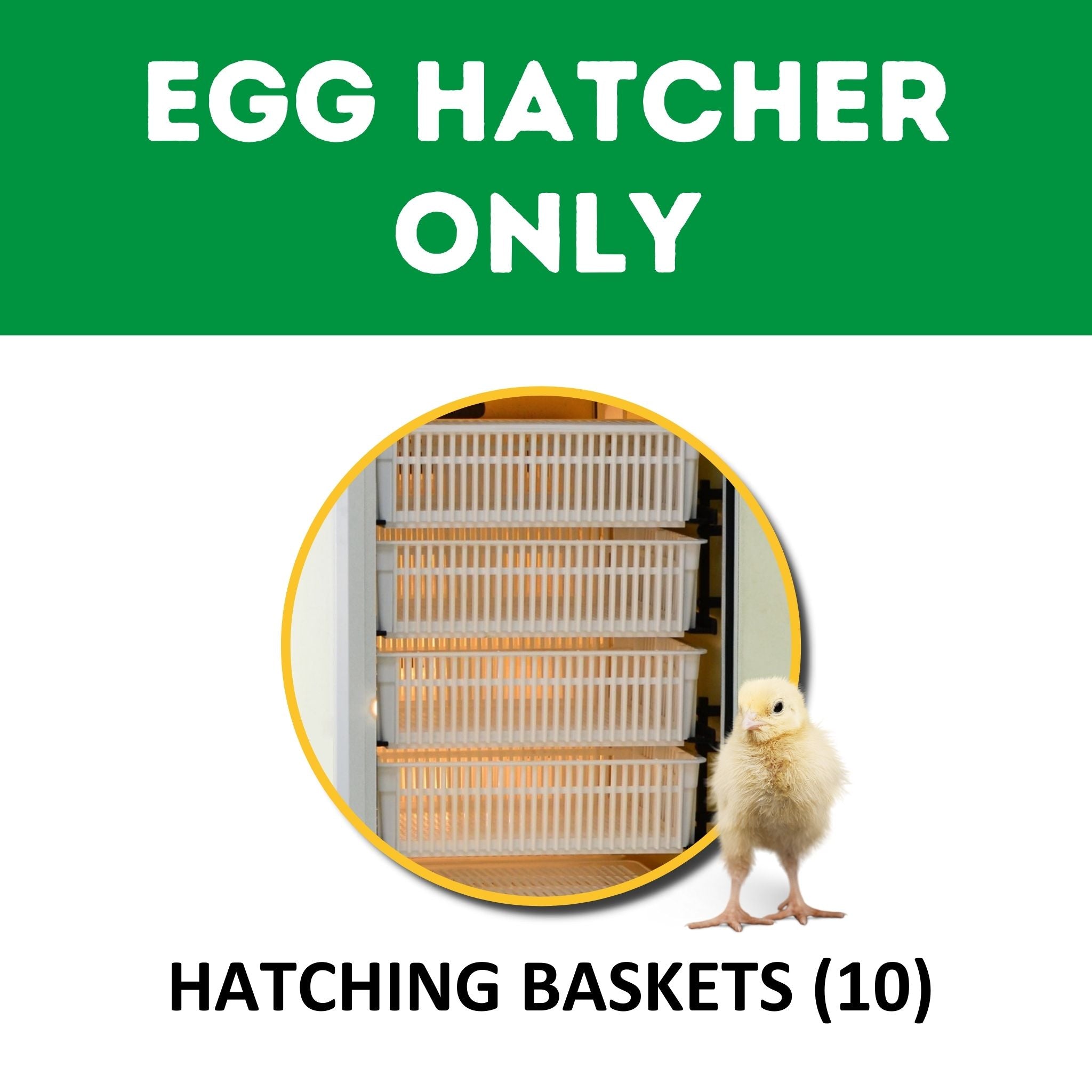 Hatching Time Cimuka. Image shows that incubator is hatcher only. Includes 10 hatching baskets, both seen in image.