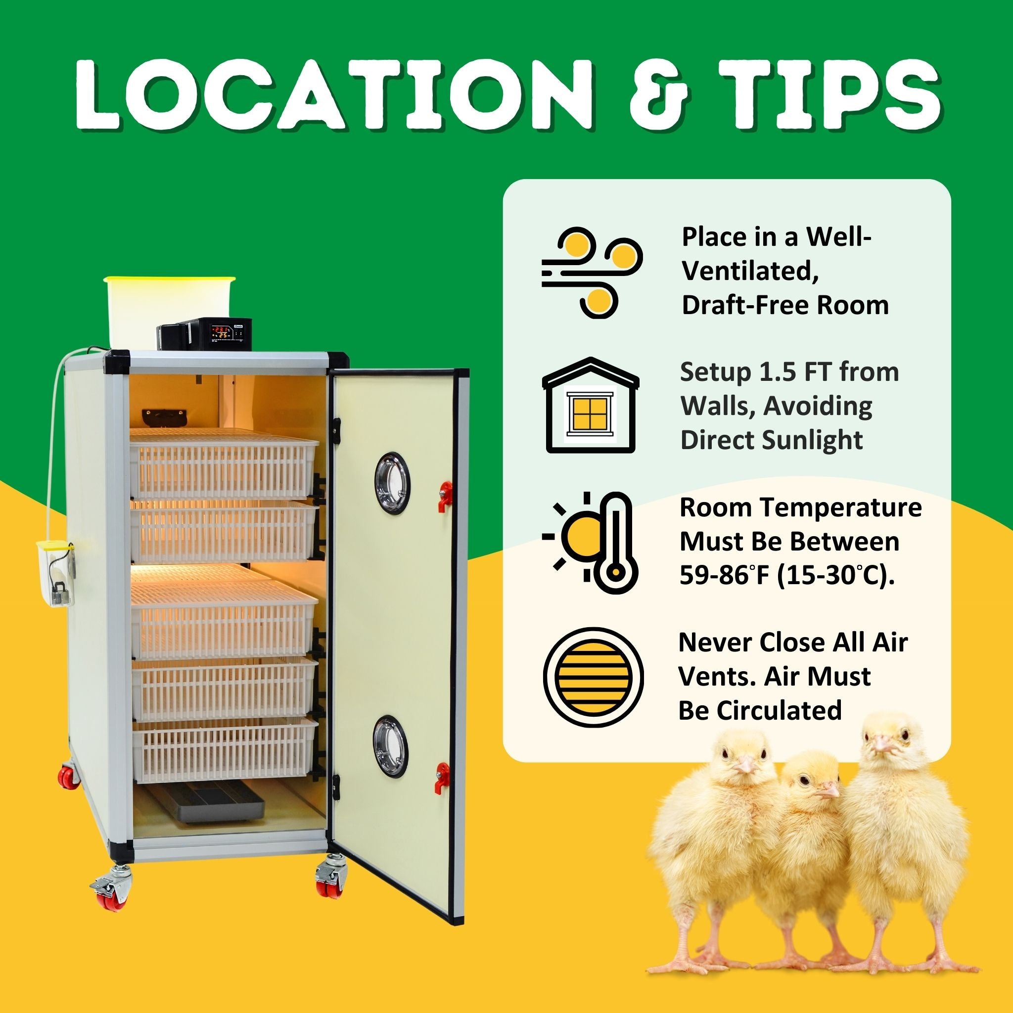 Hatching Time Cimuka. Image shows tips for where to keep incubator. Draft-free room at least 1.5 ft away from walls with a room temp between 59 and 86 degrees Fahrenheit. Image shows incubator and chicks.
