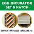 Hatching Time Cimuka. Image showing incubator accessories included which are 10 setter trays and 4 hatching baskets. Text reads Egg Incubator Set & Hatch.
