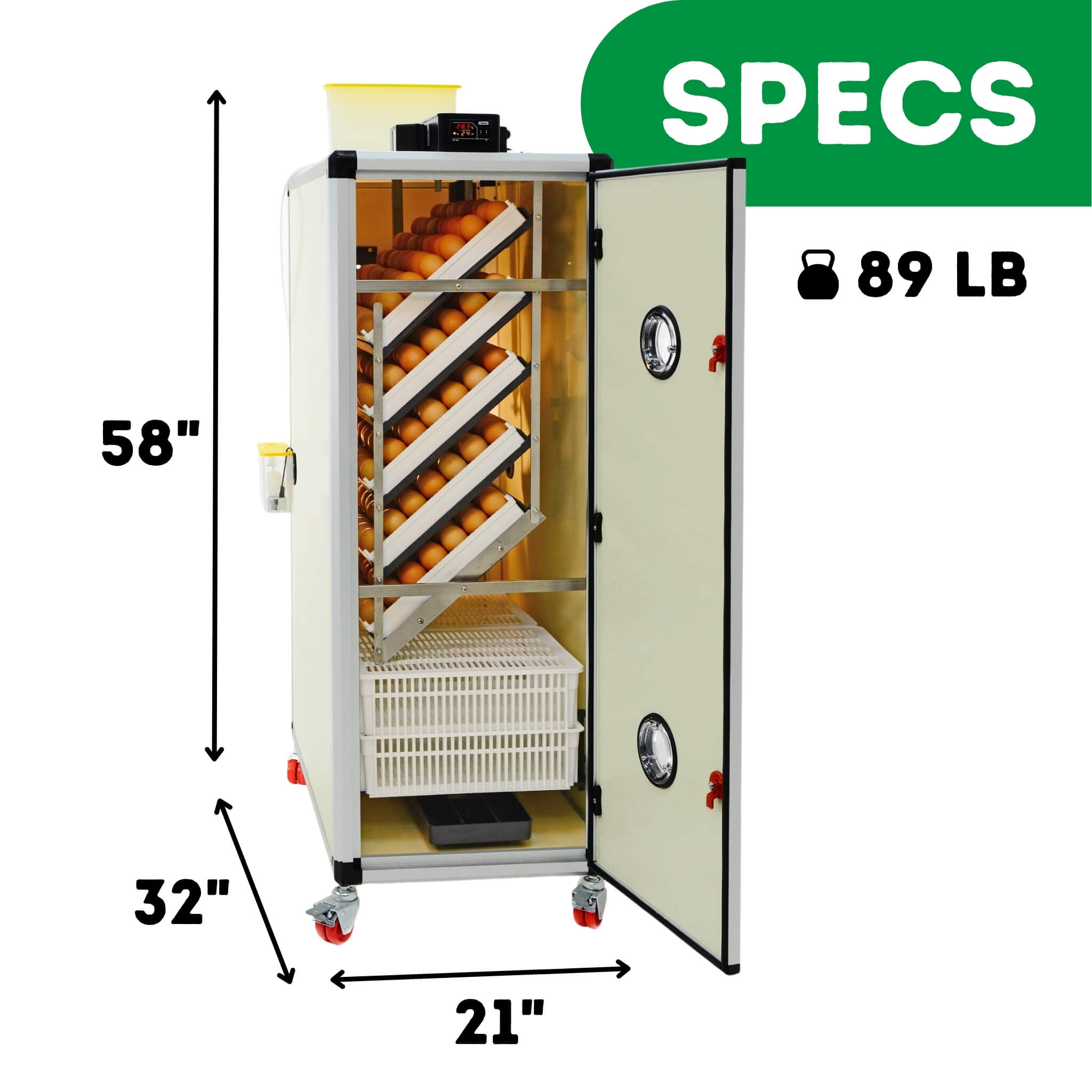 Hatching Time Cimuka. Key specifications of Cimuka HB500C egg incubator, detailing dimensions and weight, essential information for poultry equipment buyers.