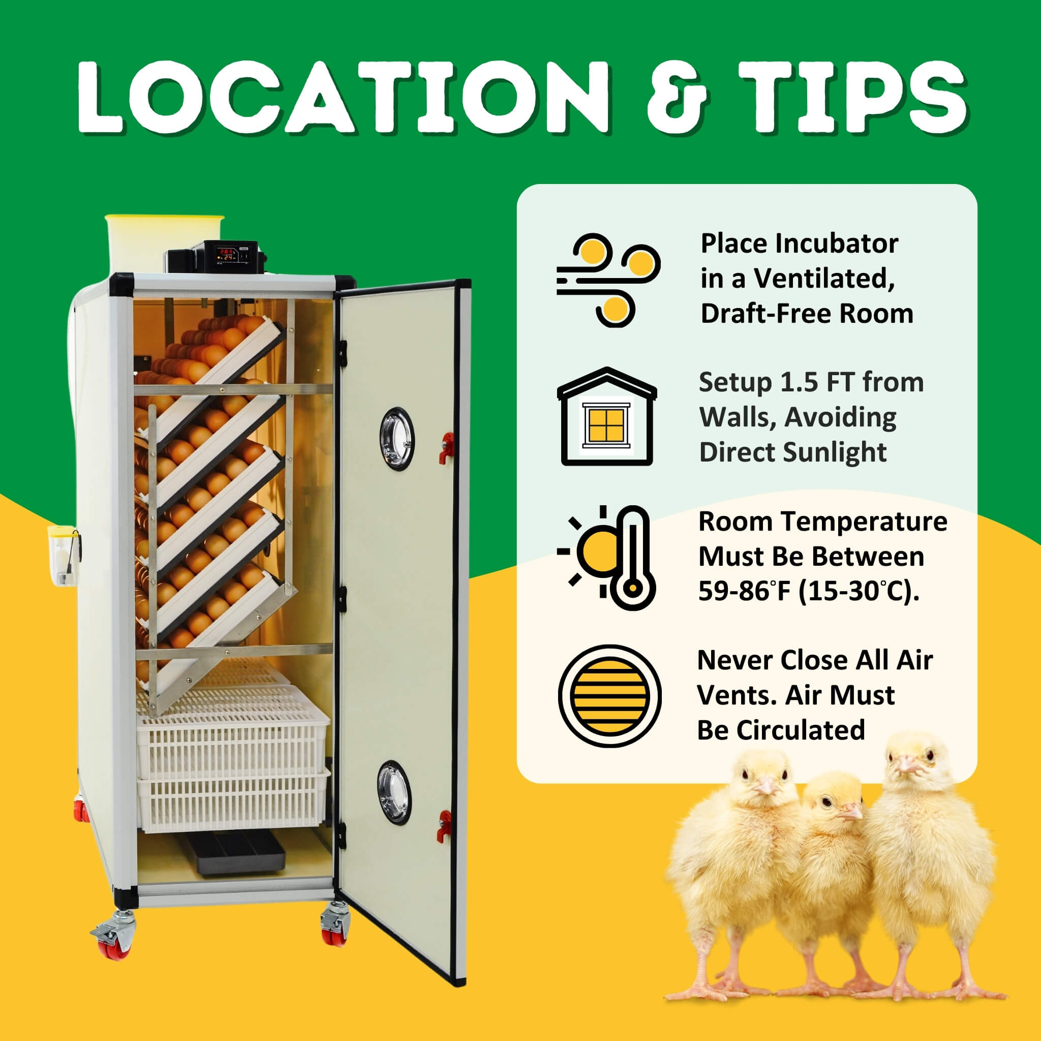 Hatching Time Cimuka. Informative guide on optimal placement of Cimuka HB500S incubator, emphasizing ventilation and space requirements for efficient poultry hatching.