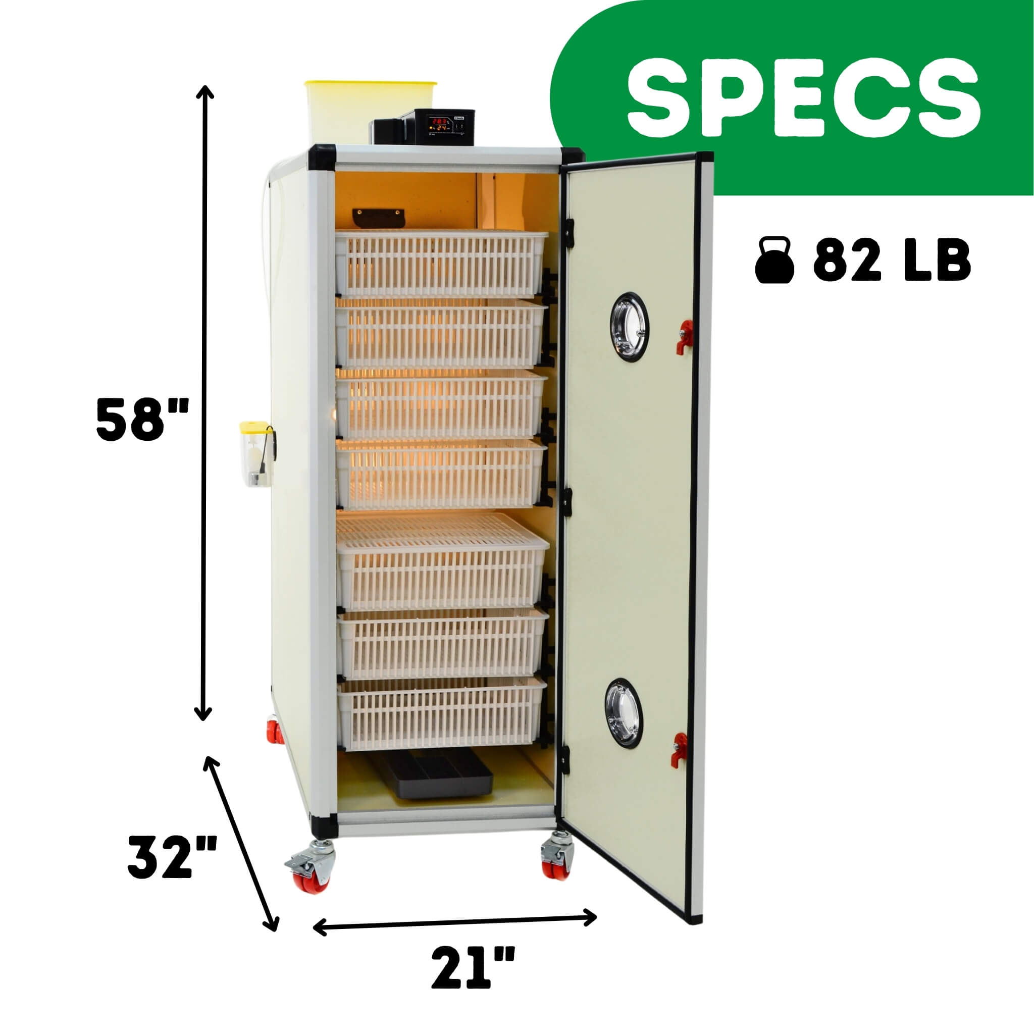 Hatching Time Cimuka. Key specifications of Cimuka HB500H egg incubator, detailing dimensions and weight, essential information for poultry equipment buyers.