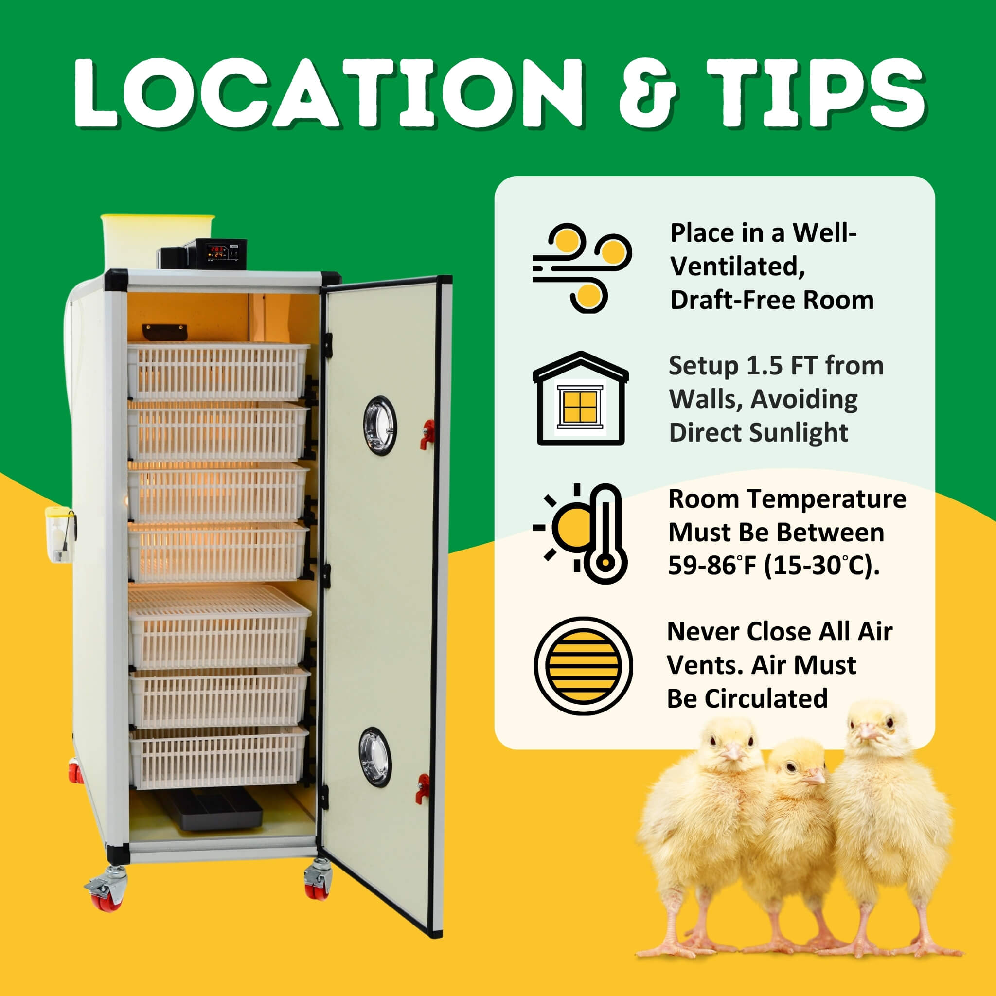 Hatching Time Cimuka. Informative guide on optimal placement of Cimuka HB500S incubator, emphasizing ventilation and space requirements for efficient poultry hatching.