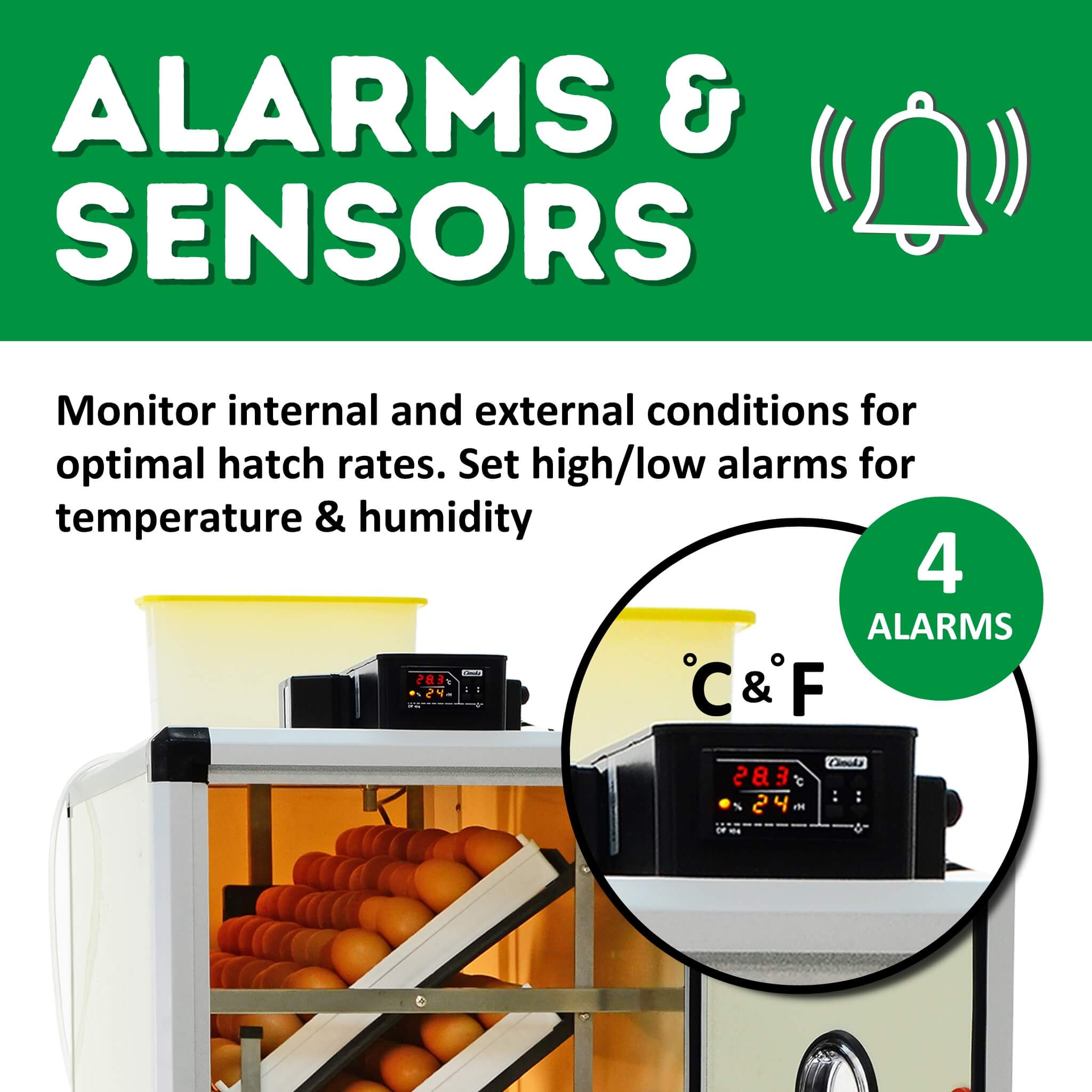Hatching Time Cimuka. HB500S egg incubator's monitoring system, featuring four alarms for temperature and humidity control, crucial for high hatch rates in poultry farming.