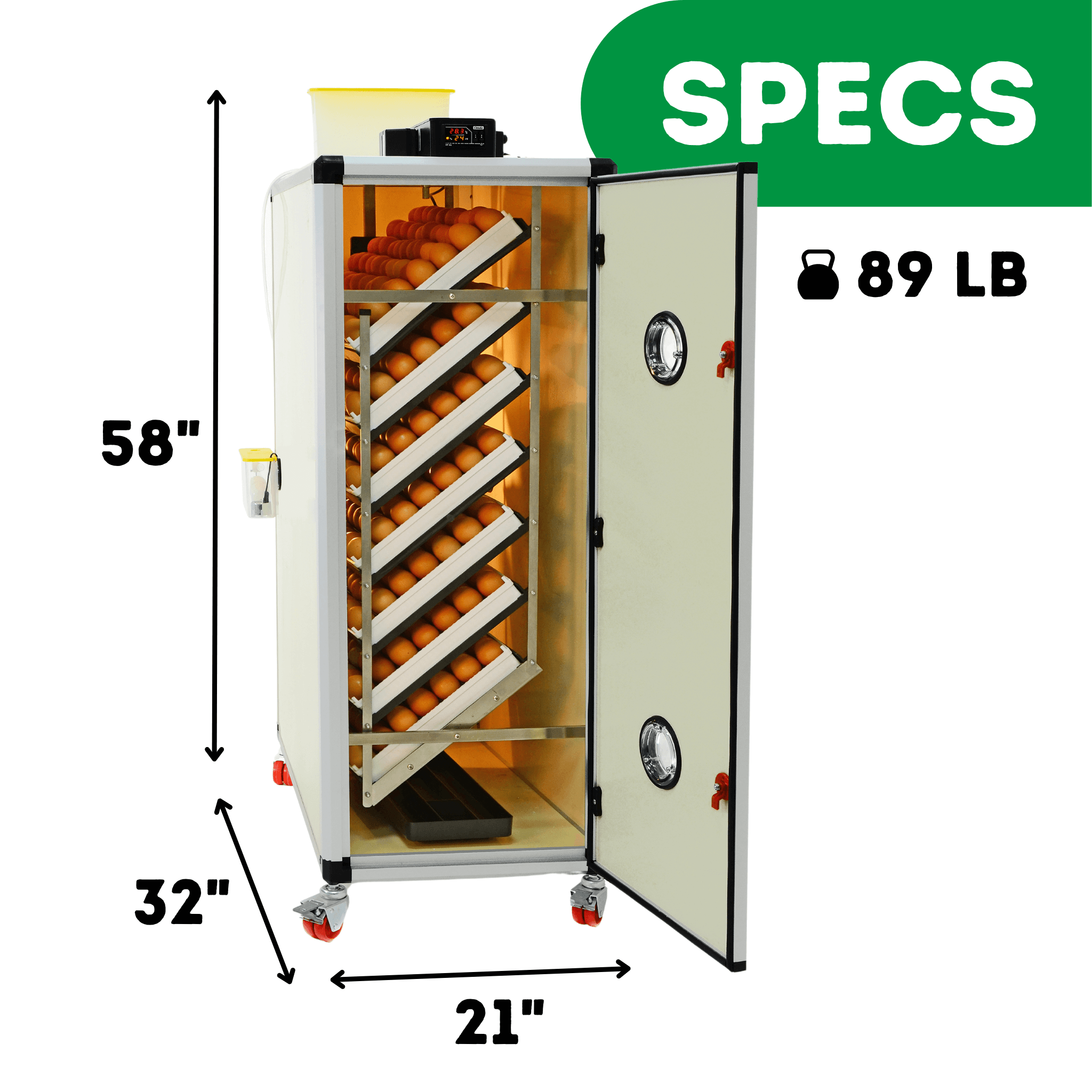 Hatching Time Cimuka. Key specifications of Cimuka HB500S egg incubator, detailing dimensions and weight, essential information for poultry equipment buyers.