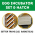 Hatching Time Cimuka. Image shows that incubator is setter and hatcher combo. Includes 16 setter trays and 4 hatching baskets, both seen in image.