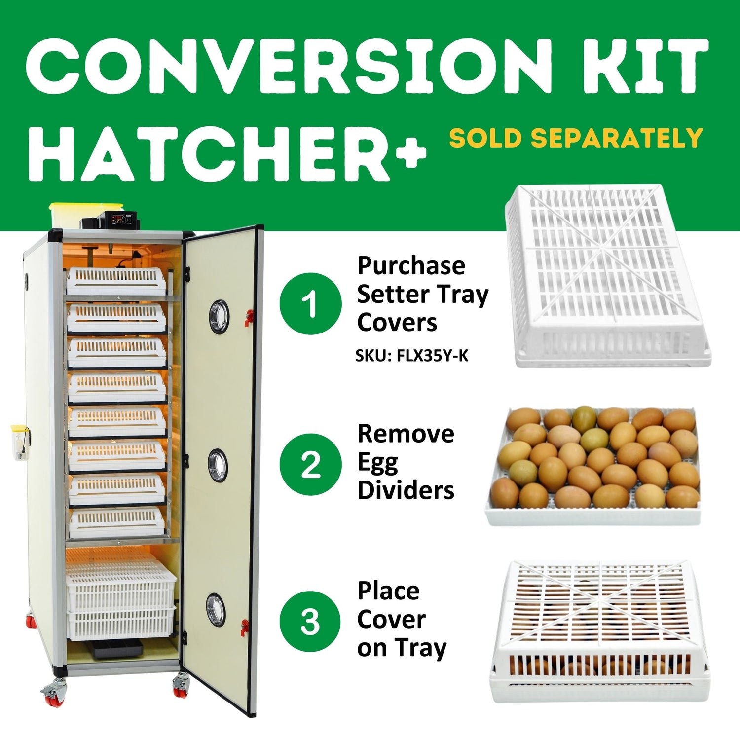 Hatching Time CImuka. Conversion kit Hatcher+ sold separately. Infographic shows parts required.