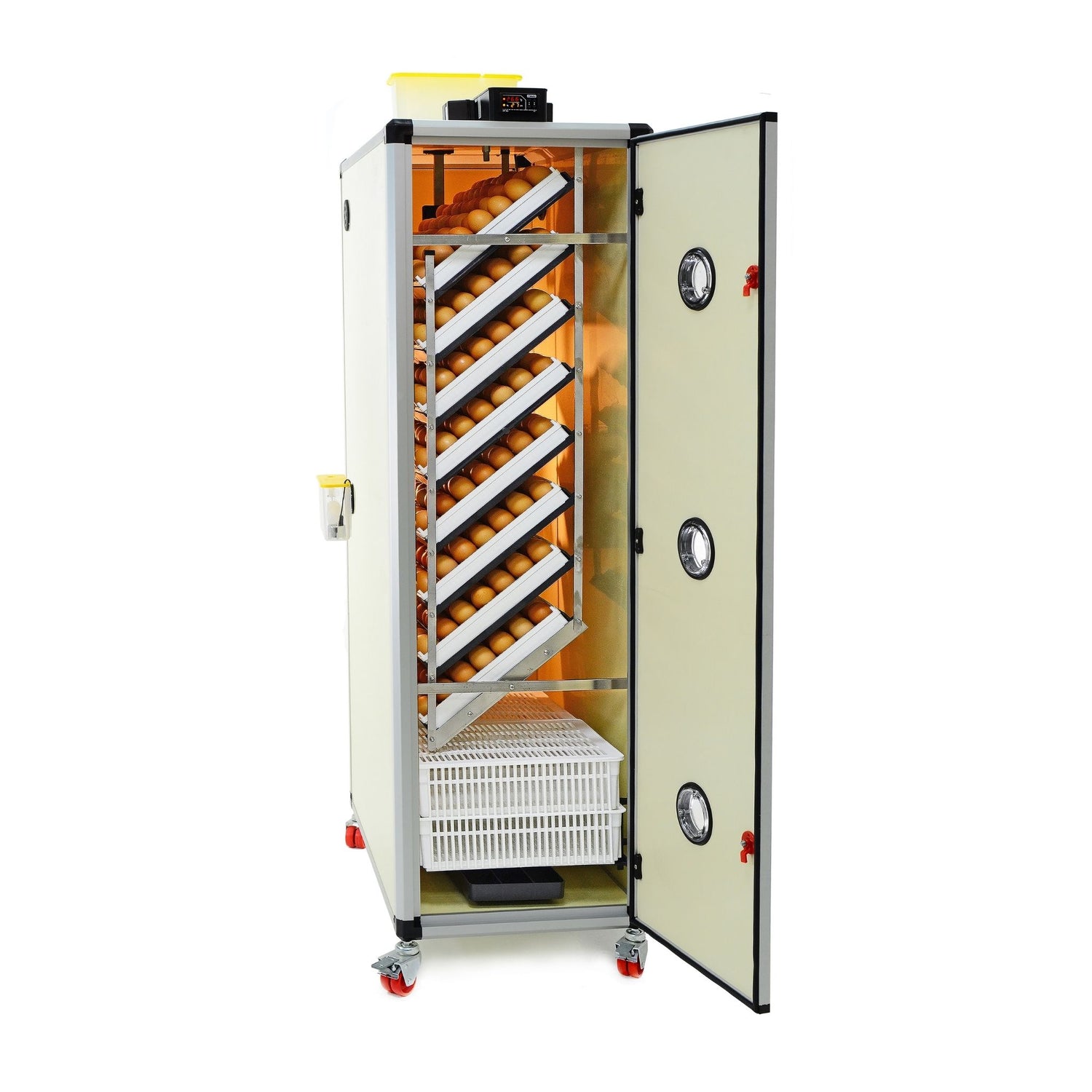 Hatching Time Cimuka. Image shows an open HB incubator with Setter trays and Hatching baskets inside. Digital controls can be seen on top in front of water reservoir for Humisonic Humidifier.