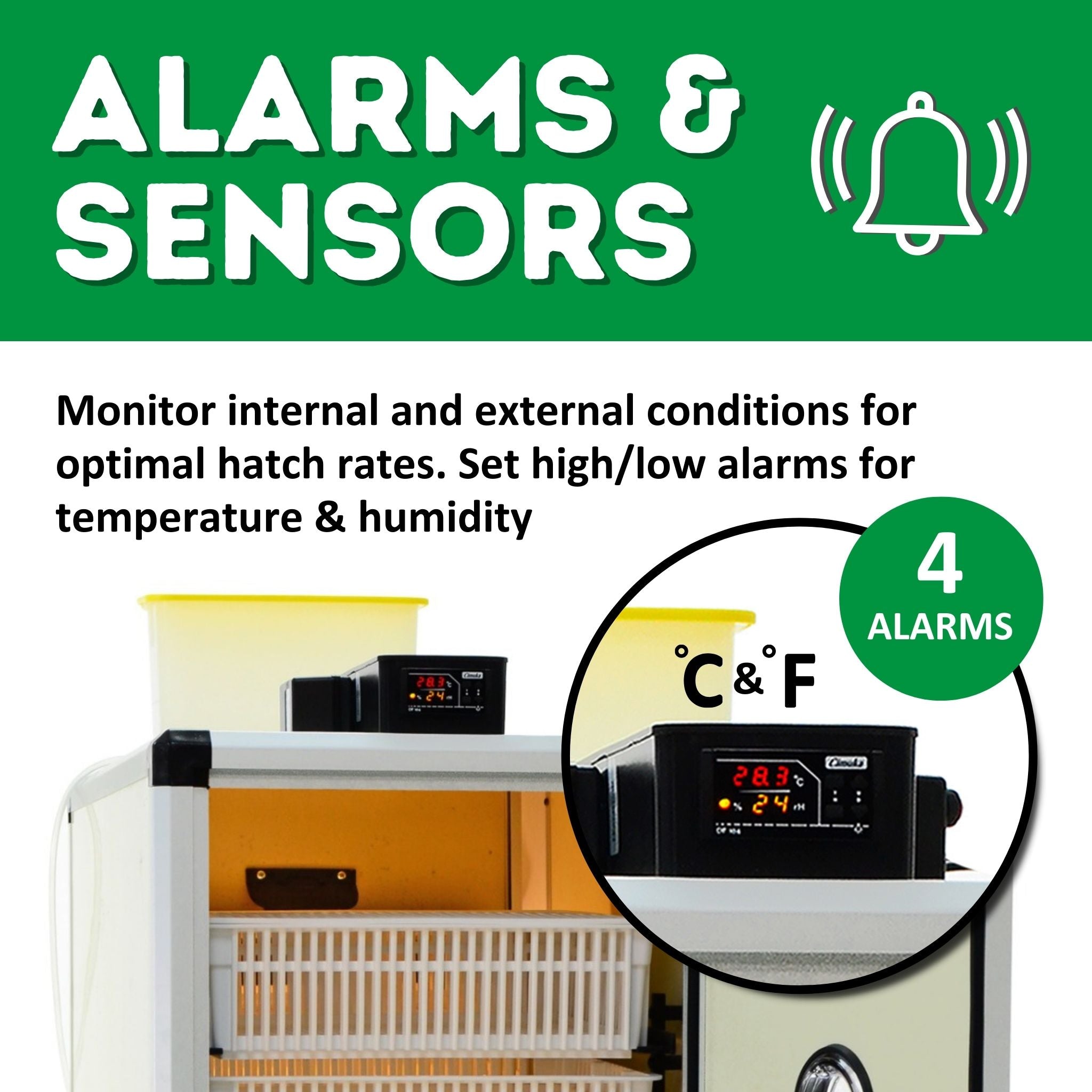 Hatching Time Cimuka. Image shows a focus on digital controls that have alarms and sensors for temperature and humidity.