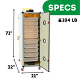 Hatching Time Cimuka. Image shows height, length and depth of incubator as well as weight. 71 inches tall, 32 inches deep, 21 inches wide and 104 pounds.